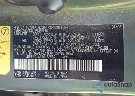 2006 Toyota Highlander Limited V6 z USA, uszkodzony, nr VIN JTEEP21A360186559